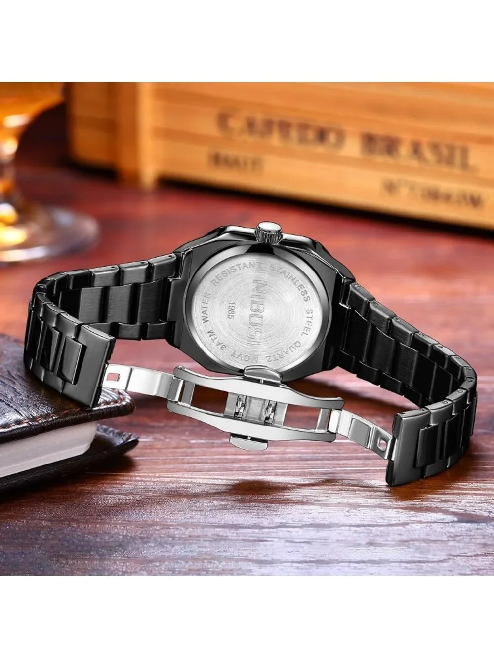 Men's Black Gold Square Analog Quartz Stainless Steel  Waterproof Wrist Watch